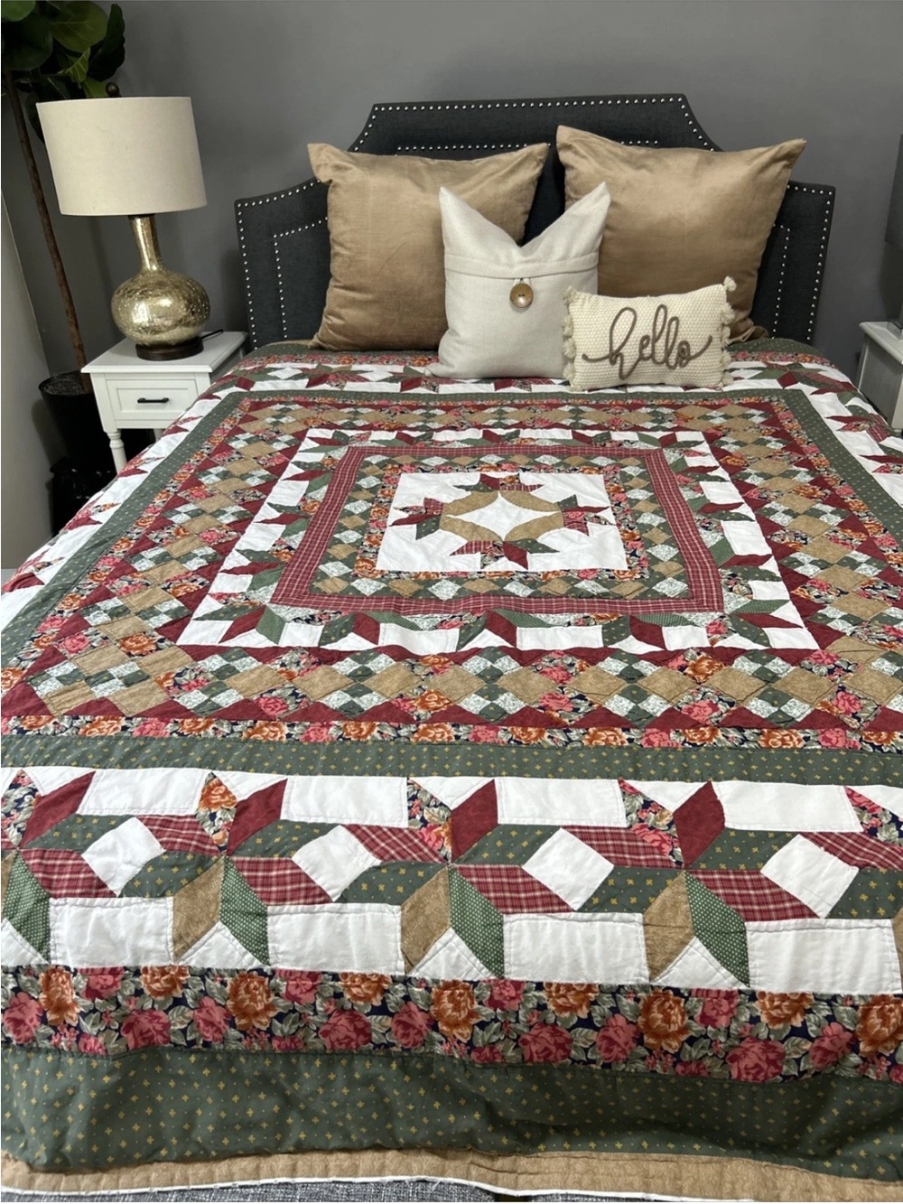 Vintage Handmade Patchwork Floral Quilt - Green, Red, Tan Approx. 81X81